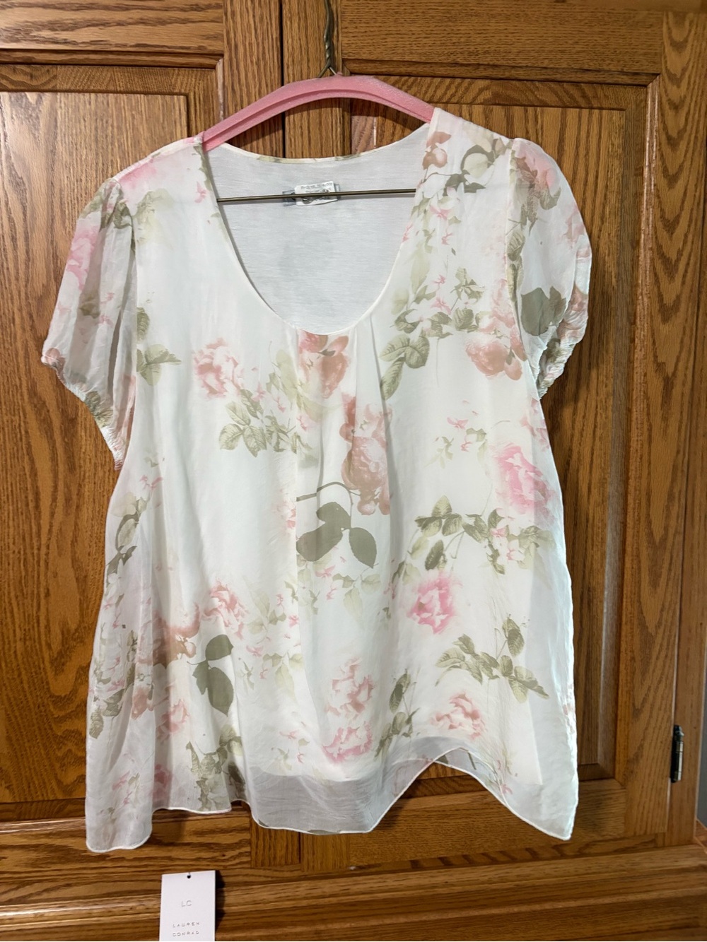 Women's Scoop Neck Floral Blouse - White with Pink Floral